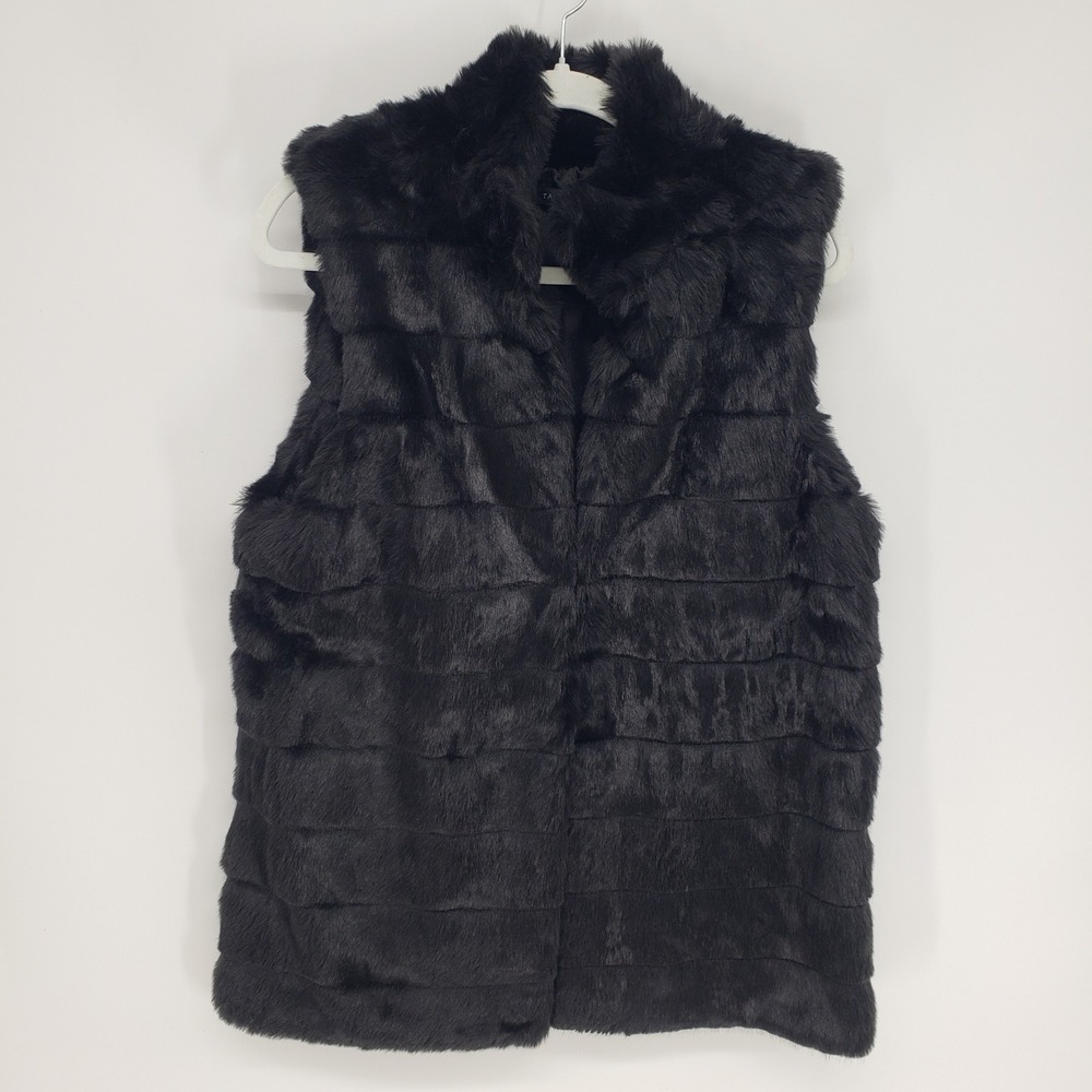 Talbots Faux Fur Vest Women Size Small Black Luxe Quilted Plush Winter Chic